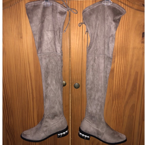 OTK taupe/ tan stretch boots with PEARLS in heels! - Picture 8 of 13